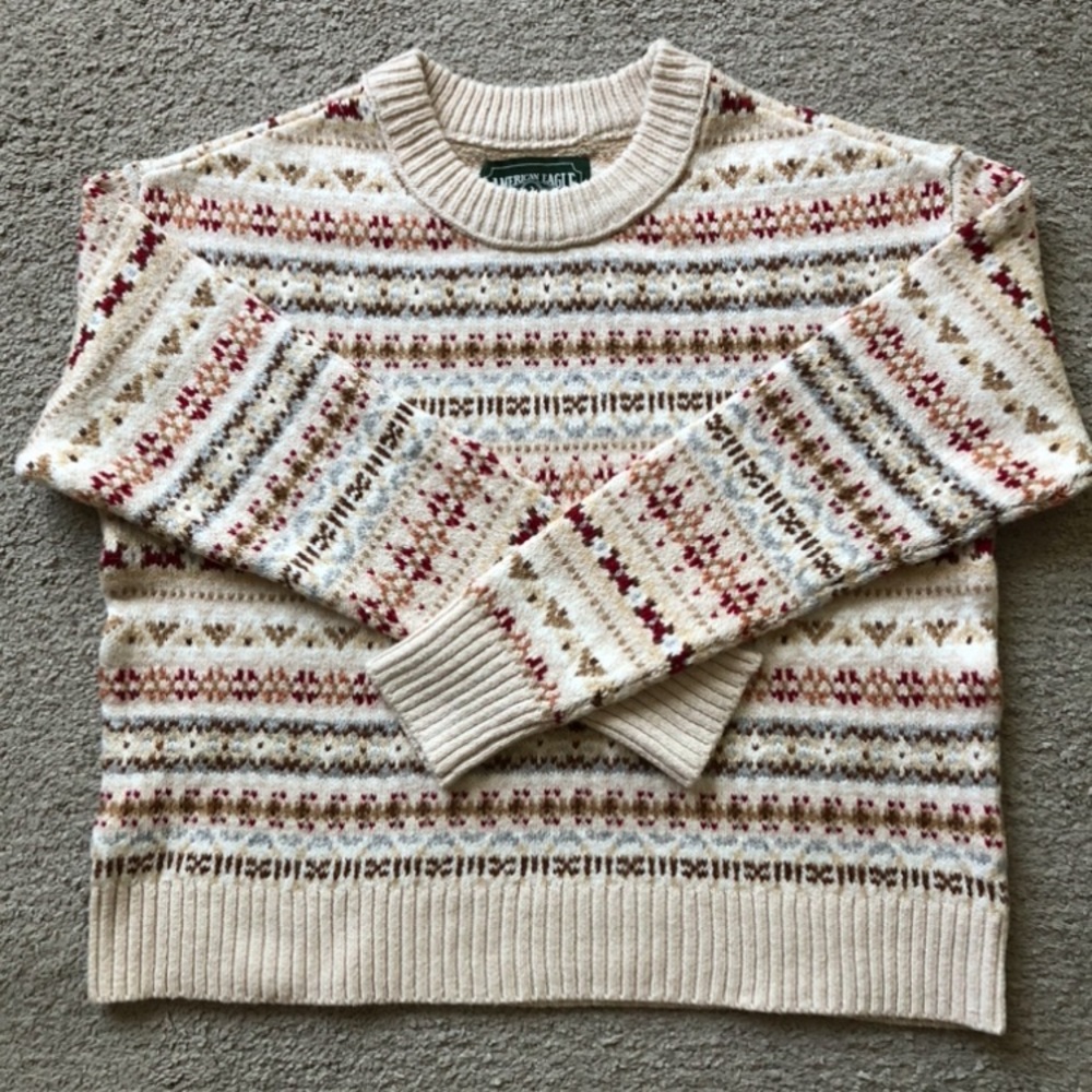 AE Outfitters Fair Isle Crewneck with Red and Tan Accents.